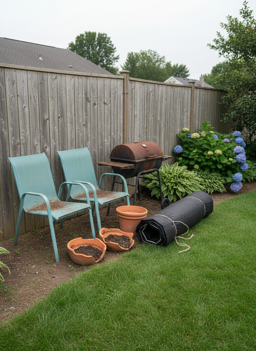 A tidy backyard scene in photographic realism, where a small collection of outdoor junk has been arranged for removal beside a wooden fence: weathered patio chairs, a rusted grill, broken planters, and a rolled-up, worn-out trampoline mat stacked safely on a patch of bare ground. The surrounding lawn is neatly mowed, and nearby flowerbeds are well maintained, emphasizing that only the items are unwanted, not the yard itself. Soft overcast daylight provides even, shadow-free lighting, making all textures and surfaces clearly visible. Captured from a slightly low, three-quarter angle with the junk pile framed on the rule of thirds, the mood is calm, practical, and reassuring, illustrating how easy it is to clear outdoor clutter.