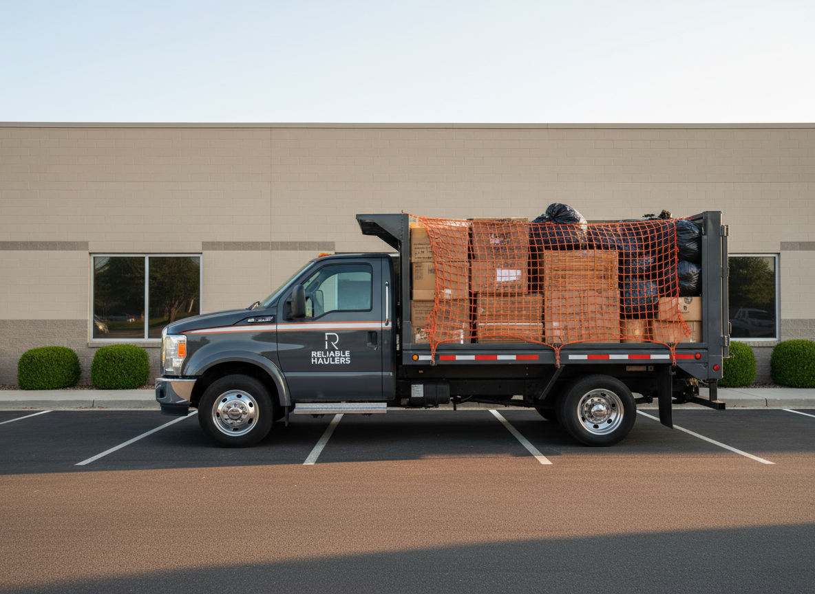 A sleek, clean junk removal truck in photographic detail parked in front of a small commercial building with neutral signage-free facade. The truck’s cargo area is open, revealing neatly stacked, safely secured debris: flattened cardboard, bundled scrap wood, and orderly bags of non-descript waste, all covered with a taut safety net. The parking lot is free of litter, with fresh pavement markings and a couple of tidy landscaping shrubs in the background. Warm golden hour sunlight washes across the scene, creating long, soft shadows and metallic highlights on the truck’s surface. Framed with the truck in the foreground and the building subtly blurred behind, the mood is professional, reliable, and ready for both business and residential jobs.