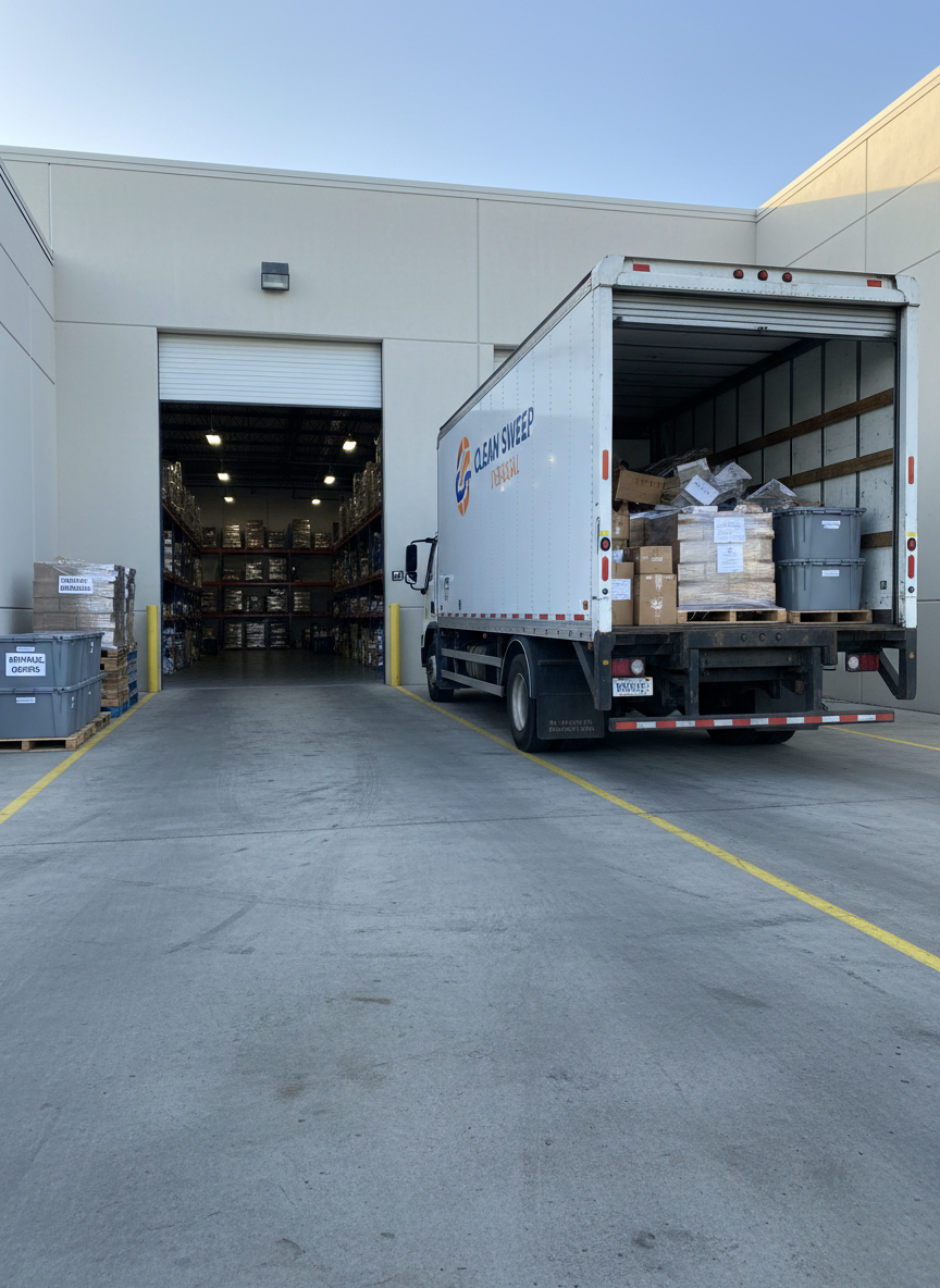 An industrial loading dock at the rear of a warehouse, captured in crisp photographic realism, just as a junk removal job is being wrapped up. The concrete platform is nearly empty, with only a few neatly stacked, shrink-wrapped pallets and clearly labeled generic containers waiting by a wide-open bay door. The inside of the bay reveals an orderly, swept floor and organized shelving in the background. A large, clean junk removal truck is parked close to the dock, its rear door open to show an efficiently loaded interior with evenly stacked, non-descript debris. Cool late-afternoon daylight and overhead dock lights combine to create balanced, functional illumination. The mood is orderly, professional, and focused on commercial-scale cleanouts.