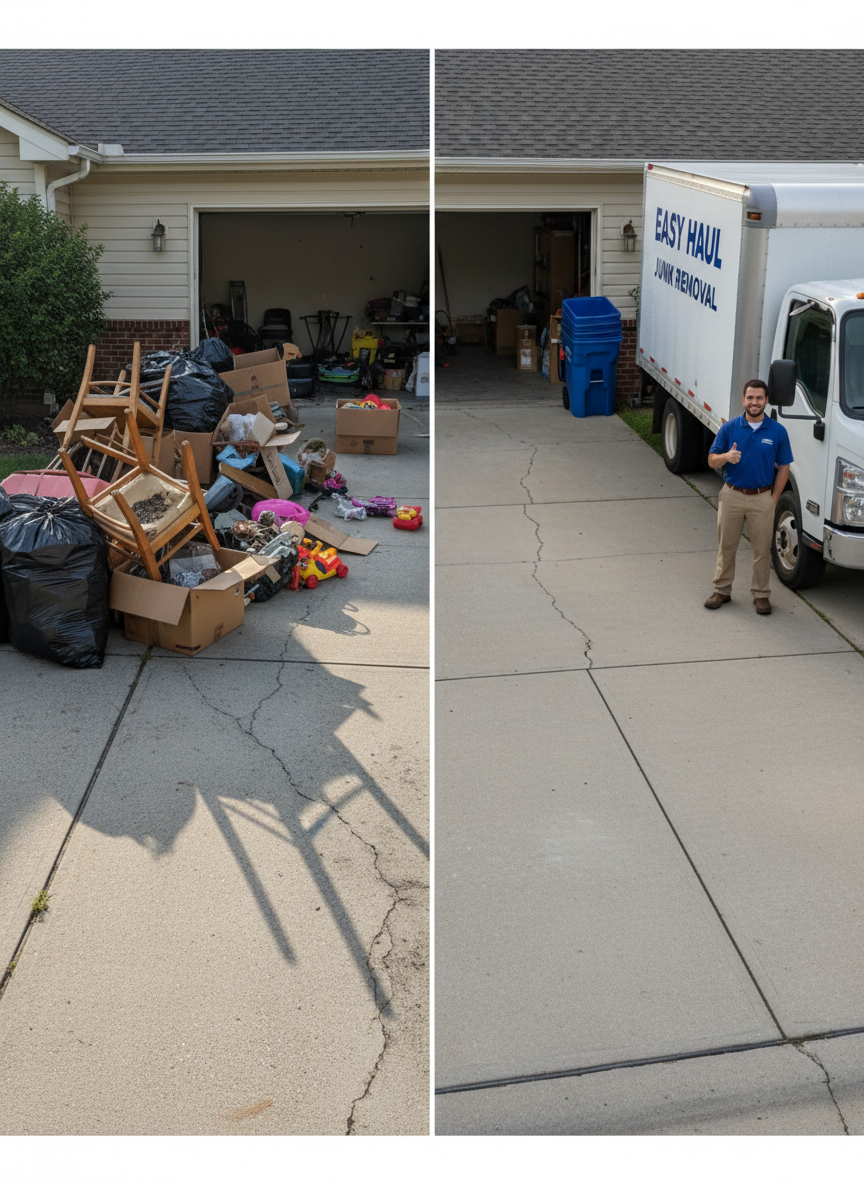 A spotless two-car suburban driveway shown in a dramatic before-and-after split photographic image. On the left, bags of garbage, broken chairs, old boxes, and random clutter crowd the cracked concrete, casting messy shadows. On the right, the same driveway appears completely cleared and swept, with neatly stacked empty recycling bins and a clean, modern white junk removal truck parked at the curb. Soft late-morning natural light brightens both sides, emphasizing the transformation from chaotic to orderly. Captured at eye level with sharp focus and a clean, realistic style, the composition uses the center line as a visual divider, creating a professional, trustworthy mood that highlights easy, affordable junk removal results.