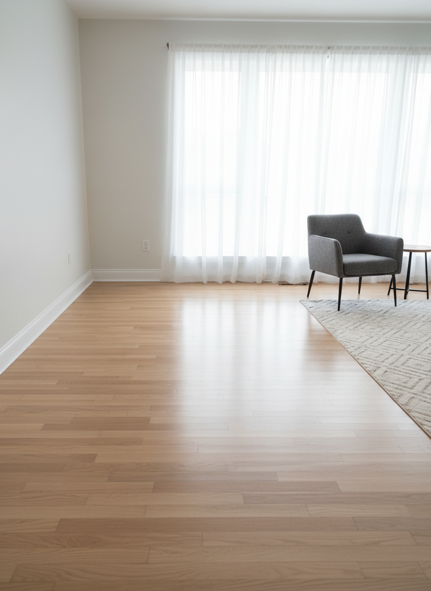 A clean, modern living room photographed moments after a junk removal service, showcasing wide open floor space where an oversized couch and old entertainment center once stood. The hardwood floor gleams in soft afternoon light streaming through a large window with sheer curtains, casting gentle shadows along the baseboards. A single contemporary armchair, a small side table, and a neutral area rug remain in the background, emphasizing minimalism and reclaimed space. The composition uses a wide-angle lens at eye level to highlight the generous empty area in the center of the room. The mood is airy, refreshed, and liberating, visually reinforcing how professional junk removal transforms crowded areas into comfortable, usable space.