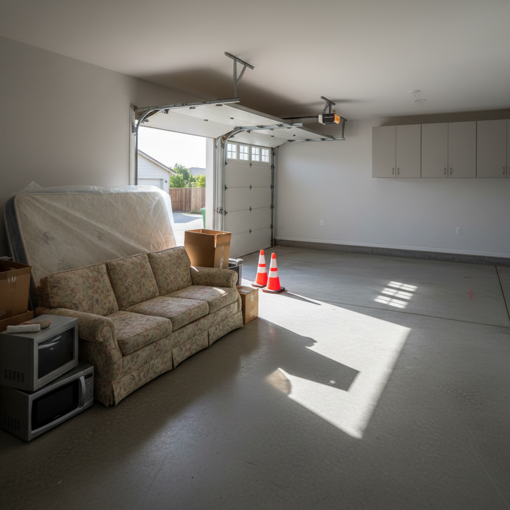 A large, open residential garage interior captured in photographic realism, filled on one side with an organized pile of bulky junk ready for pickup: worn-out furniture, a sagging sofa, an old mattress wrapped in plastic, cardboard boxes, and small appliances arranged safely along the wall. The floor shows clear walking paths, and orange safety cones subtly mark loading space near the open garage door. Bright daylight streams in from outside, creating clean highlights on the concrete and casting crisp, directional shadows. Shot from a slightly elevated angle to show the full space, the mood feels efficient and under control, with minimal background distractions and a clean, modern aesthetic that emphasizes professional, stress-free junk removal service.