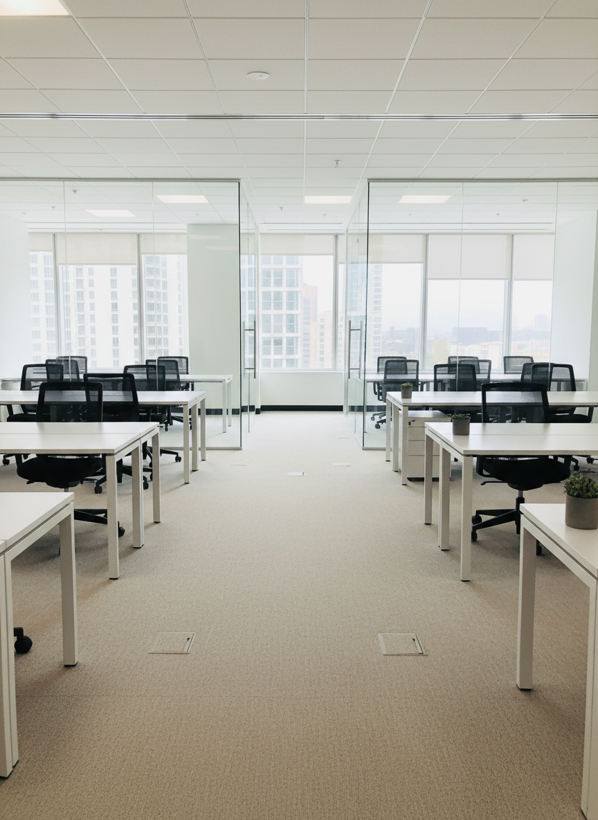 An interior office space photographed just after a junk removal service, showcasing a spotless, modern commercial environment. In the foreground, an empty area of freshly vacuumed carpet and clean baseboards contrasts with faint impressions where bulky items once sat, subtly suggesting a completed haul-away. Sleek desks and chairs remain neatly arranged at the edges, with clear walking paths and uncluttered corners. Large windows along one wall admit diffused daylight, creating a bright, inviting atmosphere with gentle shadows and reflections on glass surfaces. Shot at eye level with wide-angle composition and sharp focus throughout, the image conveys order, productivity, and the efficiency of professional junk removal in business environments without showing any people.