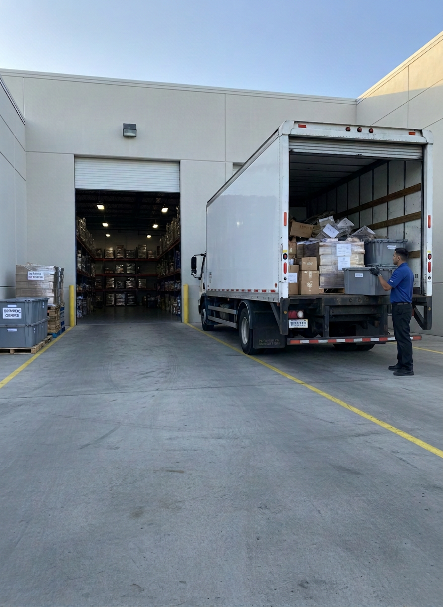 An industrial loading dock at the rear of a warehouse, captured in crisp photographic realism, just as a junk removal job is being wrapped up. The concrete platform is nearly empty, with only a few neatly stacked, shrink-wrapped pallets and clearly labeled generic containers waiting by a wide-open bay door. The inside of the bay reveals an orderly, swept floor and organized shelving in the background. A large, clean junk removal truck is parked close to the dock, its rear door open to show an efficiently loaded interior with evenly stacked, non-descript debris. Cool late-afternoon daylight and overhead dock lights combine to create balanced, functional illumination. The mood is orderly, professional, and focused on commercial-scale cleanouts.