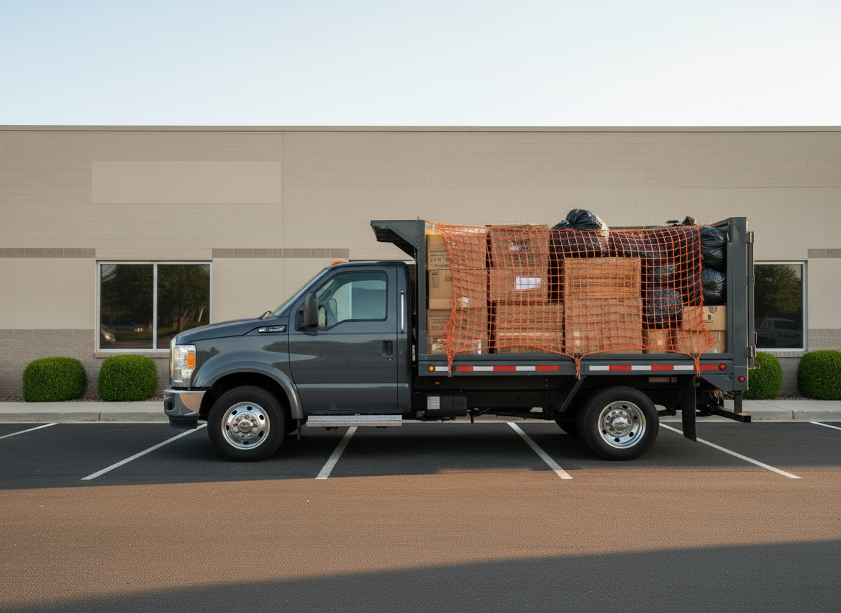 A sleek, clean junk removal truck in photographic detail parked in front of a small commercial building with neutral signage-free facade. The truck has no text, no logo, no company name, and no branding of any kind on its exterior — completely plain and unmarked. The truck's cargo area is open, revealing neatly stacked, safely secured debris: flattened cardboard, bundled scrap wood, and orderly bags of non-descript waste, all covered with a taut safety net. The parking lot is free of litter, with fresh pavement markings and a couple of tidy landscaping shrubs in the background. Warm golden hour sunlight washes across the scene, creating long, soft shadows and metallic highlights on the truck's surface. Framed with the truck in the foreground and the building subtly blurred behind, the mood is professional, reliable, and ready for both business and residential jobs.